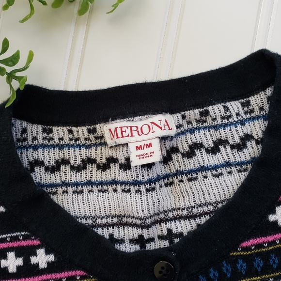 Merona Cardigan Fairisle Nordic Cardigan Sweater Black White size Small - Picture 2 of 6